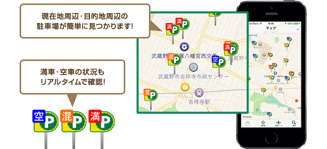 現在地周辺・目的地周辺の駐車場が簡単に見つかります！満車・空車の状況もリアルタイムで確認！