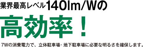 業界最高レベル140lm/Wの高効率! 7Wの消費電力で、立体駐車場・地下駐車場に必要な明るさを確保します。