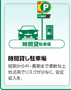 時間貸し駐車場　短期から中・長期まで柔軟な土地活用でリスクが少なく、安定収入を。