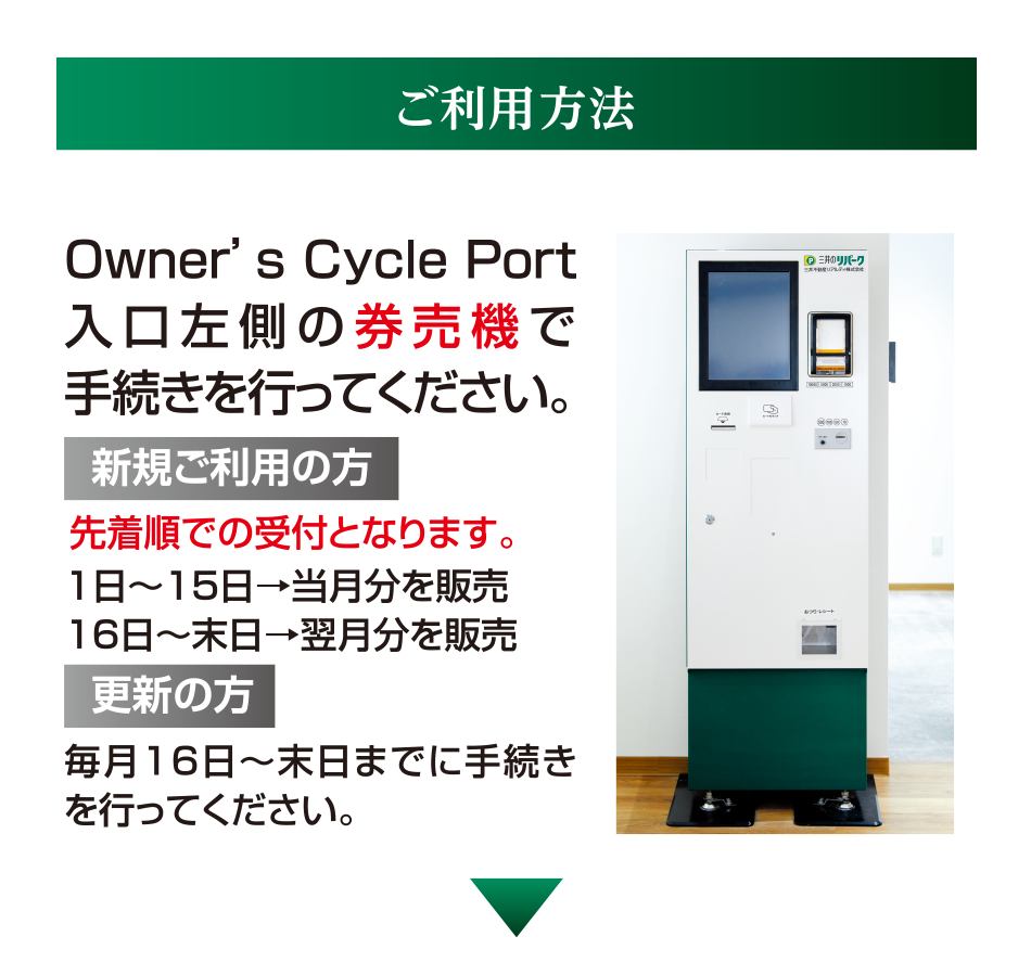 ご利用方法　Owner’s Cycle Port入口左側の券売機で手続きを行ってください。【新規ご利用の方】先着順での受付となります。1日〜15日→当月分を販売　16日〜末日→翌月分を販売　【更新の方】毎月16日〜末日までに手続きを行ってください。