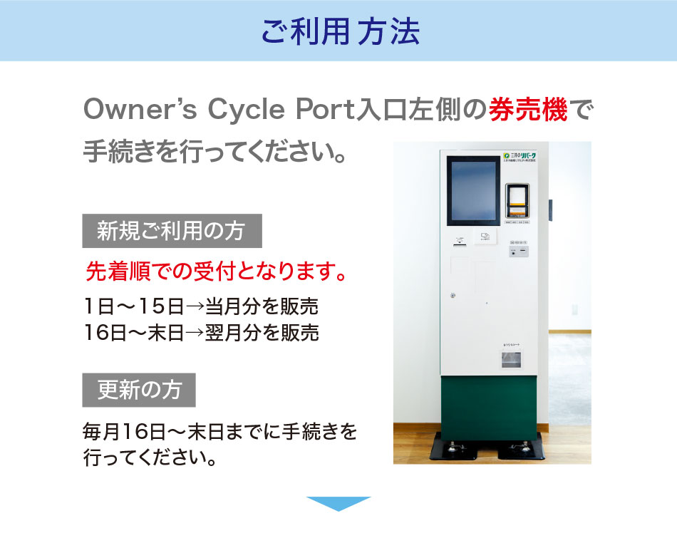 ご利用方法　Owner’s Cycle Port入口左側の券売機で手続きを行ってください。【新規ご利用の方】先着順での受付となります。1日〜15日→当月分を販売　16日〜末日→翌月分を販売　【更新の方】毎月16日〜末日までに手続きを行ってください。