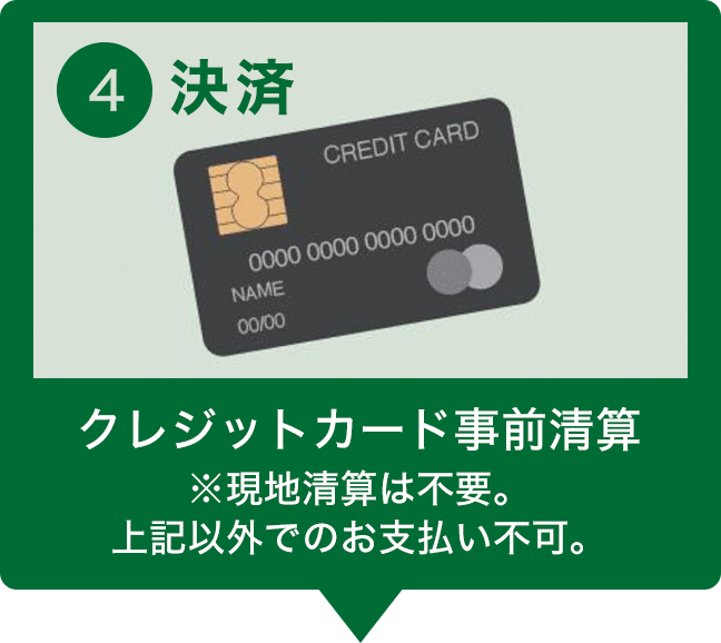 STEP4 決済 クレジットカード事前清算 ※現地清算は不要。上記以外でのお支払い不可。