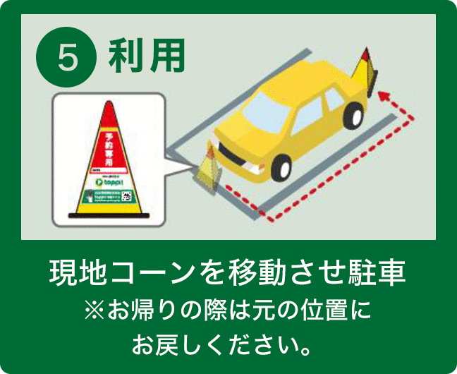 STEP5 利用 現地コーンを移動させ駐車 ※お帰りの際は元の位置にお戻しください。