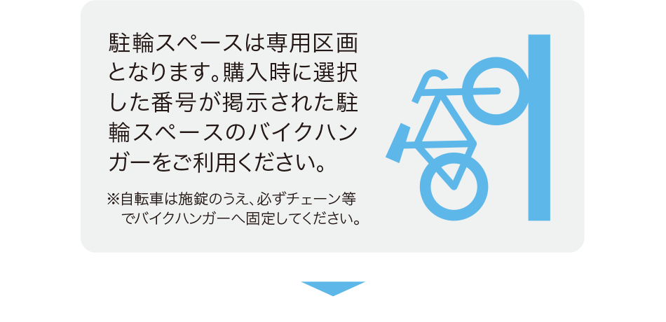 駐輪スペースは専用区画となります。購入時に選択した番号が掲示された駐輪スペースのバイクハンガーをご利用ください。※自転車は施錠のうえ、必ずェーン等でバイクハンガーへ固定してください